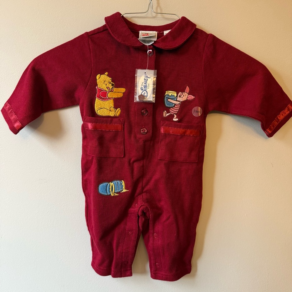 Vintage Disney Red Corduroy One Piece w Winnie the Pooh & Piglet, NWT, size 3 mo